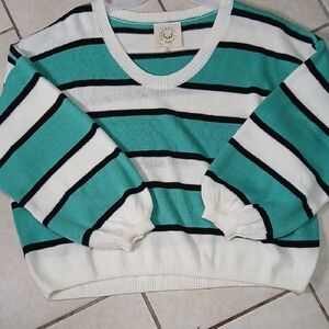 FANTASTIC FAWN Womens Teal and White Striped Knit Sweater